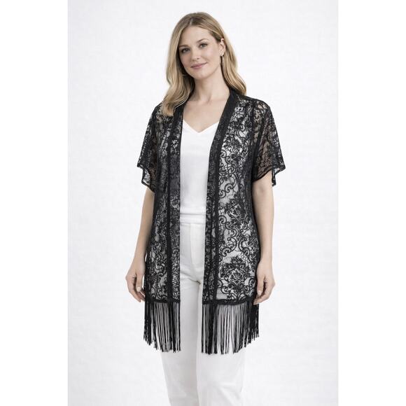 QED London Other - QED London ASOS Black Sheer Lace Kimono Fringe Coverup Size Small NWT